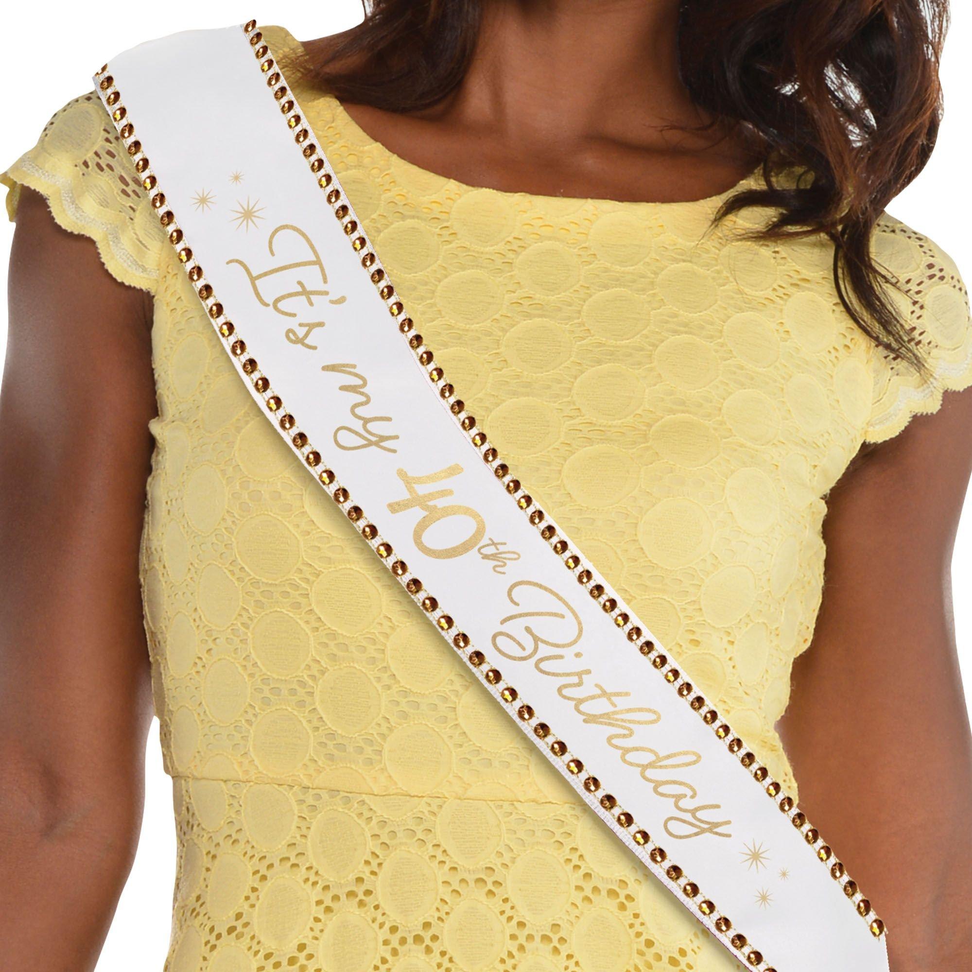 Rhinestone Golden Age 40th Birthday Satin Sash, 30in